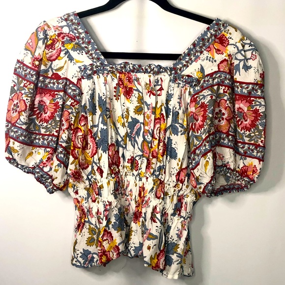 Floral Tunic Puff  Short Sleeve Large white Pink Red Nicole Miller - Picture 2 of 9